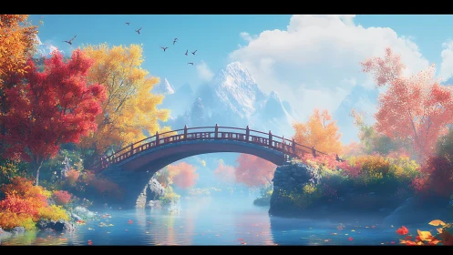 Arched wooden bridge spans a misty autumn river at sunrise