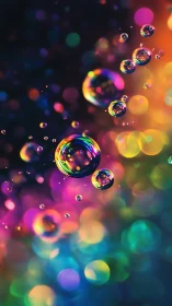 Iridescent soap bubbles drift through neon bokeh spectrum