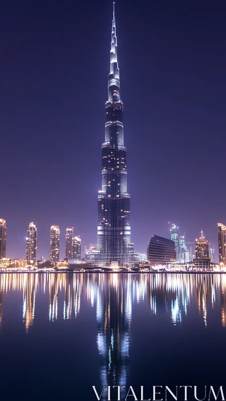 Soaring illuminated tower mirrored on tranquil night water.