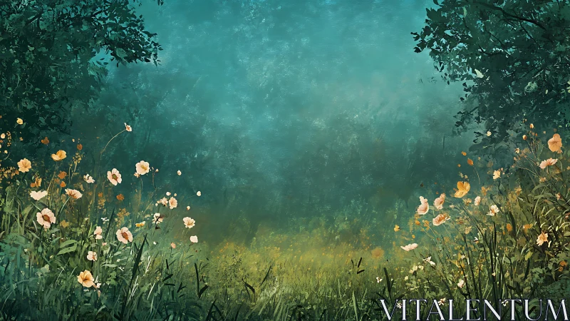 Morning meadow clearing with wildflowers under hazy teal sky