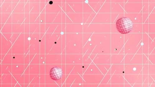 Geometric pink grid with floating wireframe spheres design.