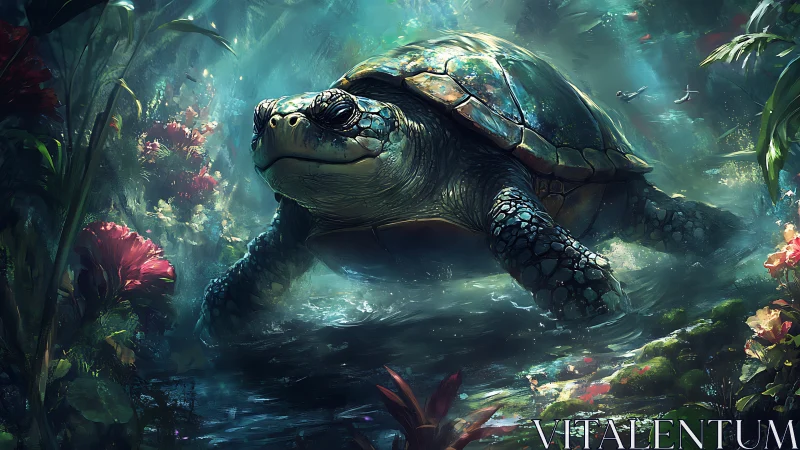 Bioluminescent aquatic turtle advances through dense jungle stream