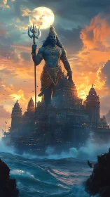 Colossal trident warrior guarding mythic ocean temple city.