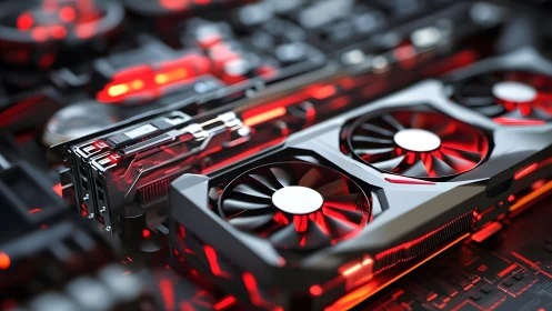 High-performance graphics card with red LED lighting, futuristic style.