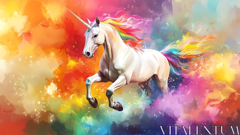 Radiant white unicorn gallops through explosive rainbow nebula