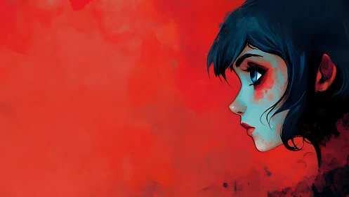 Chromatic profile study of blue-haired girl on red field.