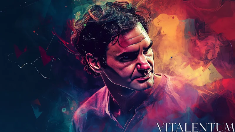 Brooding male portrait in swirling neon color clouds.