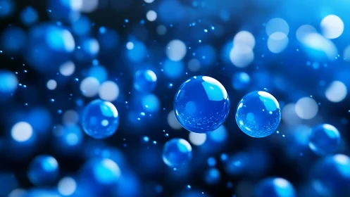 Glistening blue bubbles drift gently through a dreamy glow