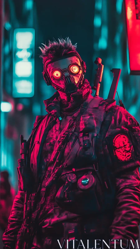 Neon masked sentinel in cyberpunk alleyway glow.