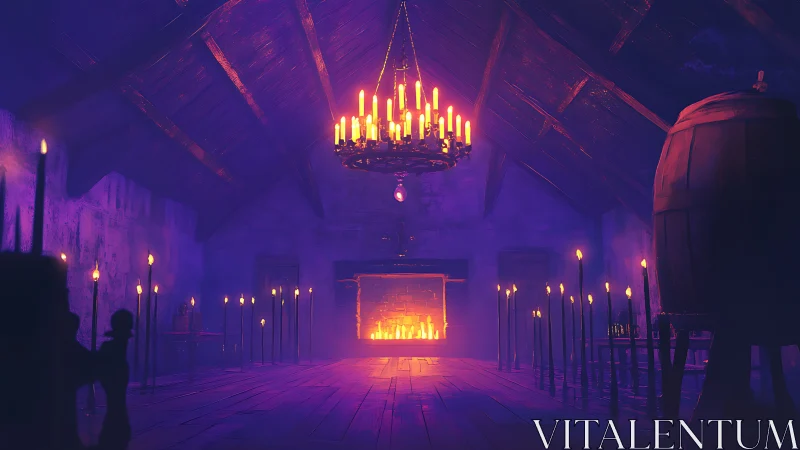 Candlelit tavern loft with glowing hearth and chandeliers.
