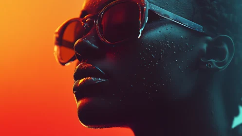 Neon backlit portrait isolates wet skin microtextures and glossy eyewear