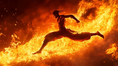Warrior Leaping Through Inferno with Dynamic Martial Power