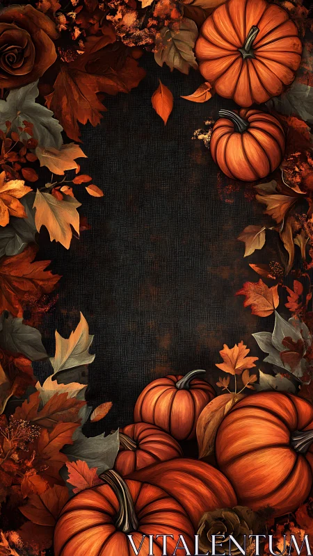 Pumpkins and autumn foliage on dark textured background.