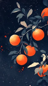 Digital oranges on midnight branch with bold contrast.