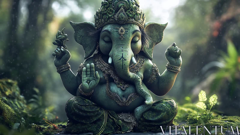 Emerald Ganesha statue sits serenely in misty forest glade
