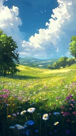 Wide wildflower meadow under deep blue sky with clouds.