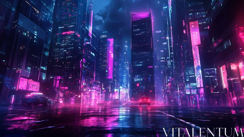 Neon-soaked cyberpunk avenue renders reflective nocturnal depth