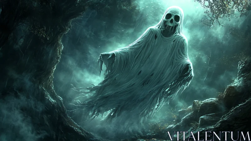 Spectral wraith drifting through misted haunted forest.