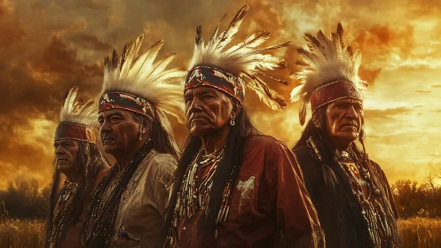 Elders in feathered regalia under dramatic sunset sky.