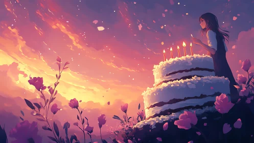 Ethereal Sunset Celebration: Silhouetted Figure with Illuminated Tiered Cake.