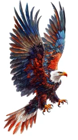 Digital painting of multicolored eagle in dynamic vertical ascent.