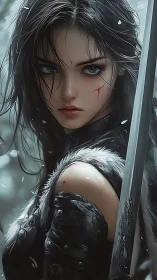 Scarred warrior woman with sword in winter setting.