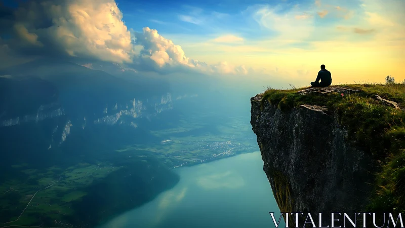 Solitary figure sits on cliff edge above valley and lake