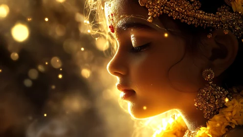 Golden light kisses a serene girl in ornate festival jewelry