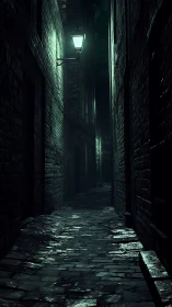 Narrow brick alleyway is illuminated by sparse wall lamps
