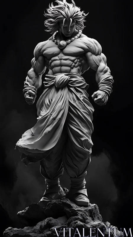 Monochrome muscular warrior statue rendered with high-detail cloth dynamics