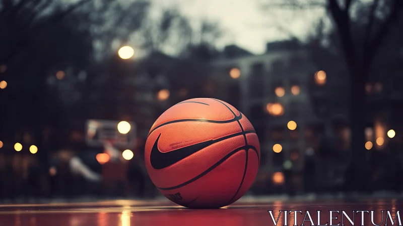 Basketball on outdoor court at dusk with city backdrop.