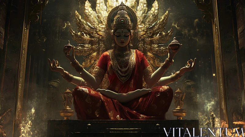 Golden multi-armed goddess statue radiates divine serenity