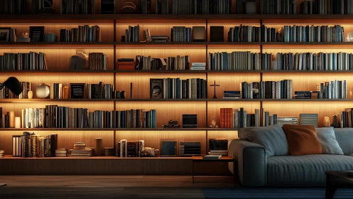 Modern living room library wall with warm shelf lighting.