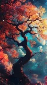 Twisting autumn tree under vivid blue dream sky.