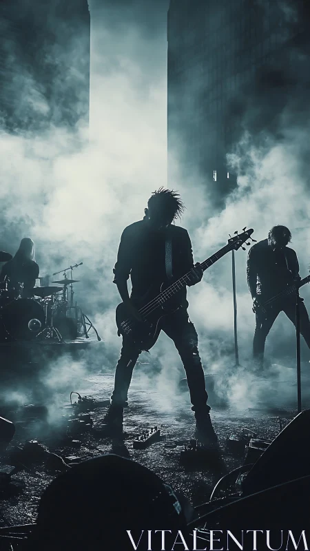 Silhouetted rock band performing amid dense urban stage fog.