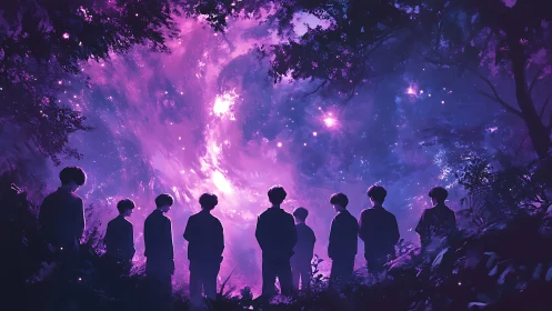 Silhouetted figures under cosmic violet forest sky portal.