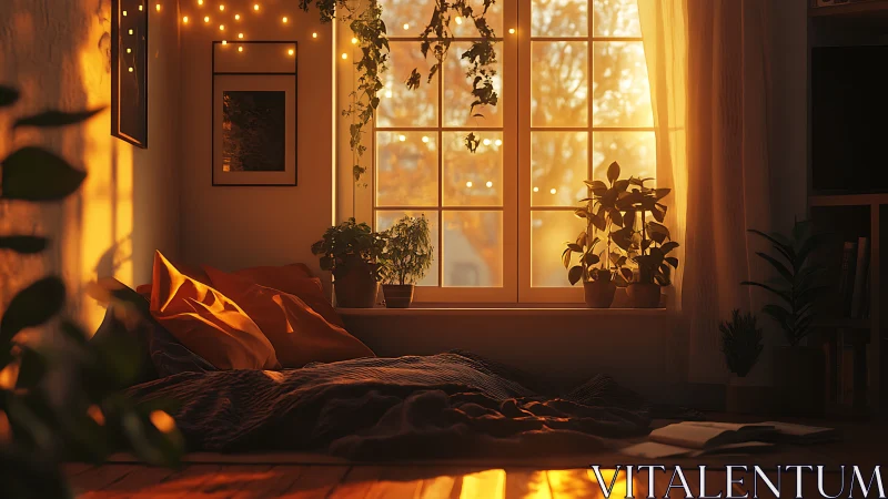 Golden hour bedroom window nook with plants and fairy lights