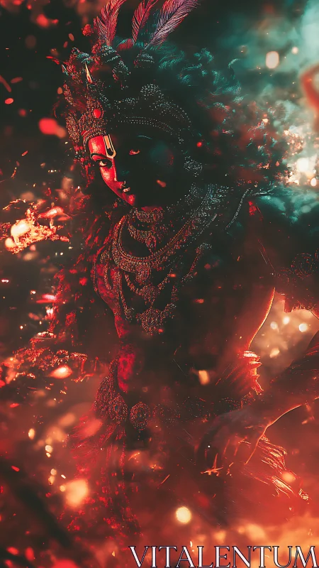 Divine warrior deity emerges in glowing embers and smoke.