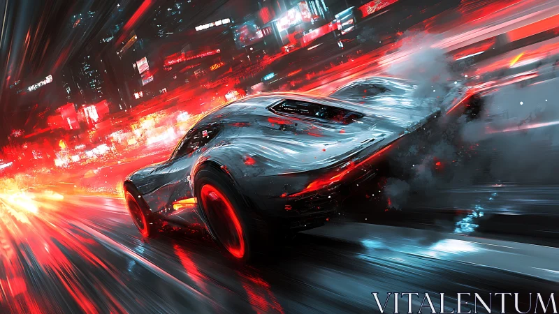 Futuristic silver supercar drifts through neon city night