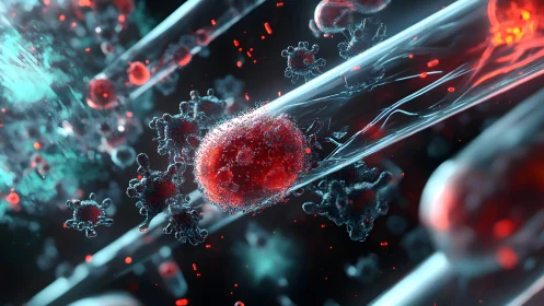 Microscopic Red Blood Cells and Viruses in Futuristic Digital Style.