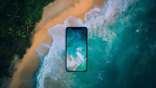 Smartphone floating above aerial tropical shoreline fantasy.