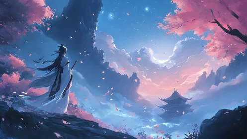 Swordmaster observes moonlit shrine across sakura valley