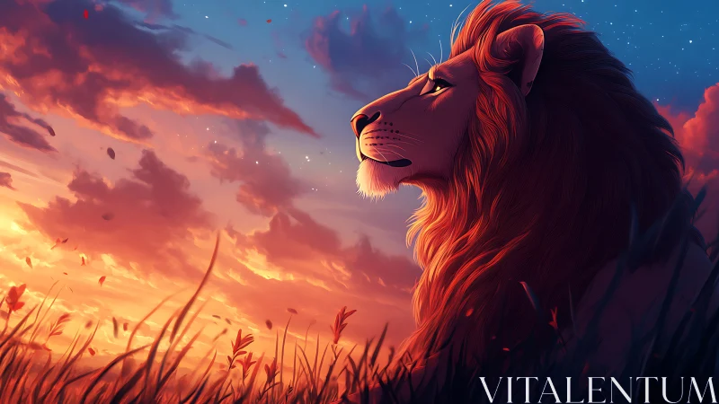 Digital painting of a regal lion portrait at sunset horizon.