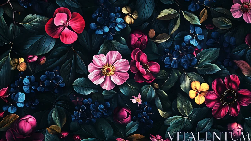 Nocturnal Floral Composition with Dimensional Botanical Rendering Technique.