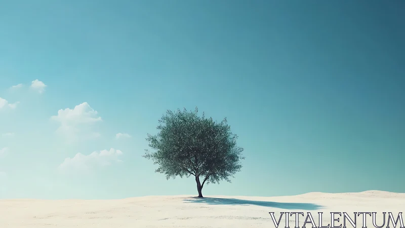 Solitary green tree in minimalist desert landscape under blue sky.