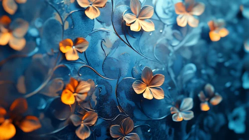 Blue and Orange Floral Digital Art with Glowing Flowers