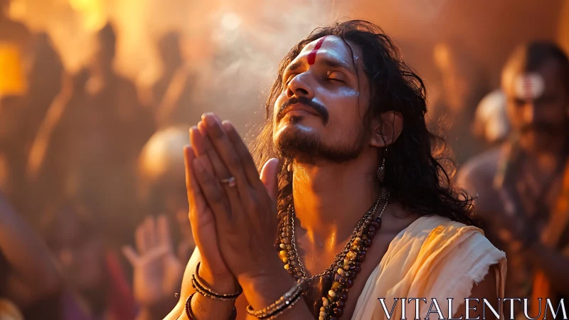 Serene devotee in warm evening light at soulful gathering.