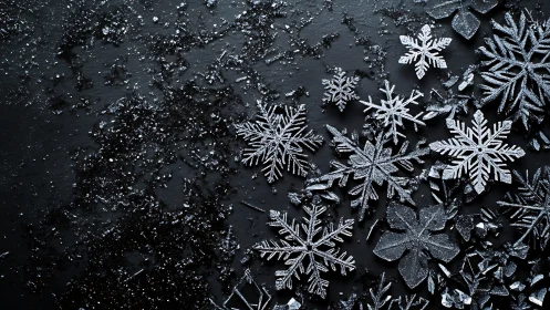 Crystalline snowflake macro array on matte black substrate.
