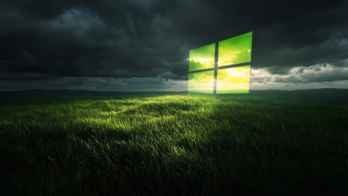 Neon window portal glows above stormlit emerald prairie.