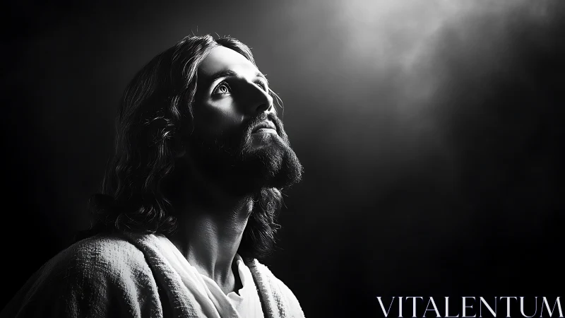 Radiant figure gazing upward in dramatic monochrome light.